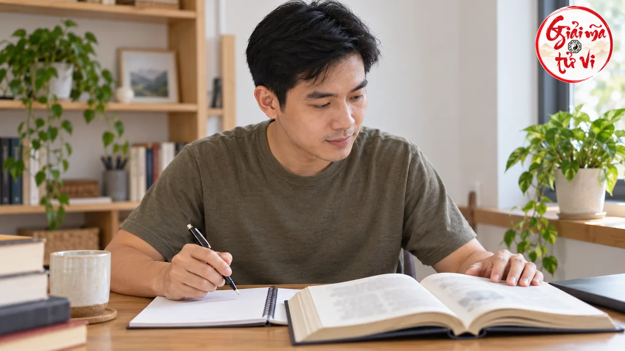 Một người đàn ông cầm bút đọc sách, tay còn lại đặt trên trang sách cạnh sổ ghi chép