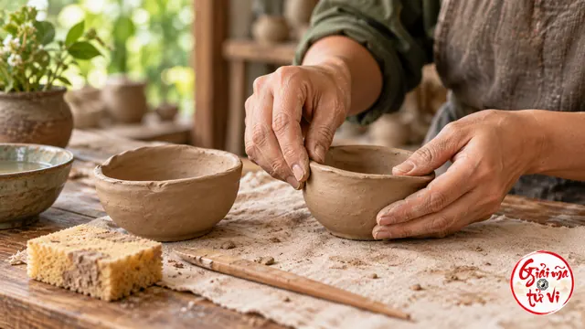Hai bàn tay đang sửa miệng bát đất cạnh một bát đất khác, miếng bọt biển và dụng cụ gỗ, logo góc phải dưới