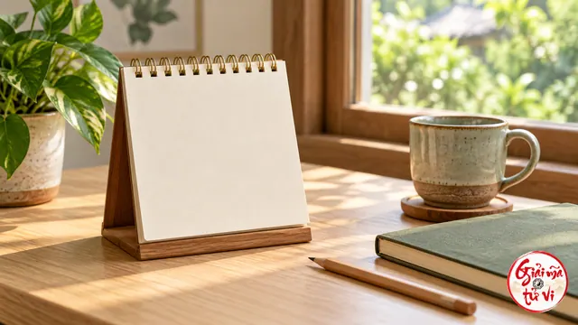 Lịch để bàn có trang trống cạnh bút chì, sổ xanh và cốc gốm bên cửa sổ, logo ở góc phải dưới