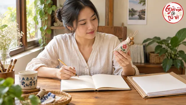 Người phụ nữ xem túi vải thêu nhỏ và ghi vào sổ, bên tập giấy trong bìa