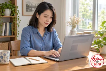 Người phụ nữ áo xanh làm việc với laptop