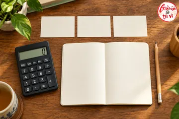 Máy tính bỏ túi hiện số 0 cạnh sổ mở trống, ba thẻ giấy trắng và bút chì