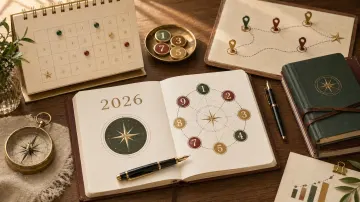 Sổ ghi 2026 cạnh lịch để bàn, la bàn và bút