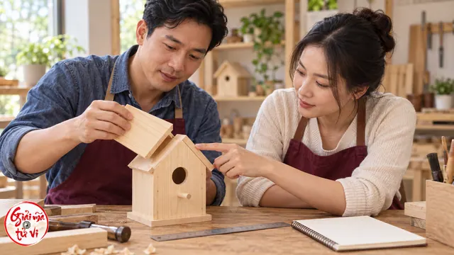 Hai người xem mối ghép mái của hộp gỗ hình nhà chim