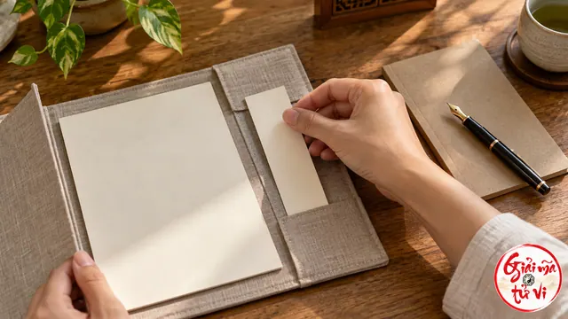 Tay chọn một dải giấy từ tập hồ sơ cạnh bút máy trên bàn gỗ, logo góc phải dưới