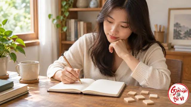 Người phụ nữ đặt bút trên sổ trắng cạnh các ô gỗ lật mặt trống
