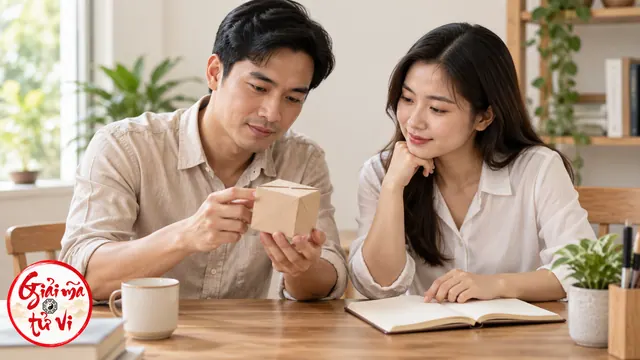 Hai người xem chiếc hộp giấy đã gấp bên cuốn sổ mở trên bàn