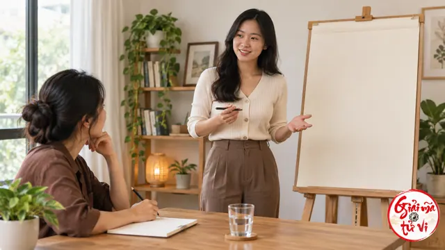 Một người tập trình bày cạnh bảng giấy trắng và đồng nghiệp lắng nghe, logo góc phải dưới