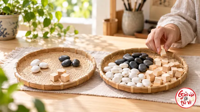 Hai khay cùng loại mẫu đá và gỗ nhưng khác số lượng, tay xếp mẫu cạnh khay, logo góc phải dưới