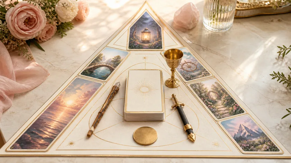 Các lá Tarot minh họa bằng hình ảnh xếp theo tam giác cùng bốn vật phẩm biểu trưng bộ bài