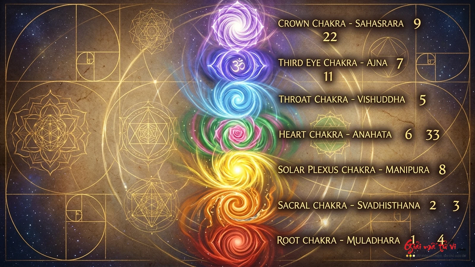 Bản đồ ma trận liên kết 7 luân xa với các con số thần số học Pythagoras
