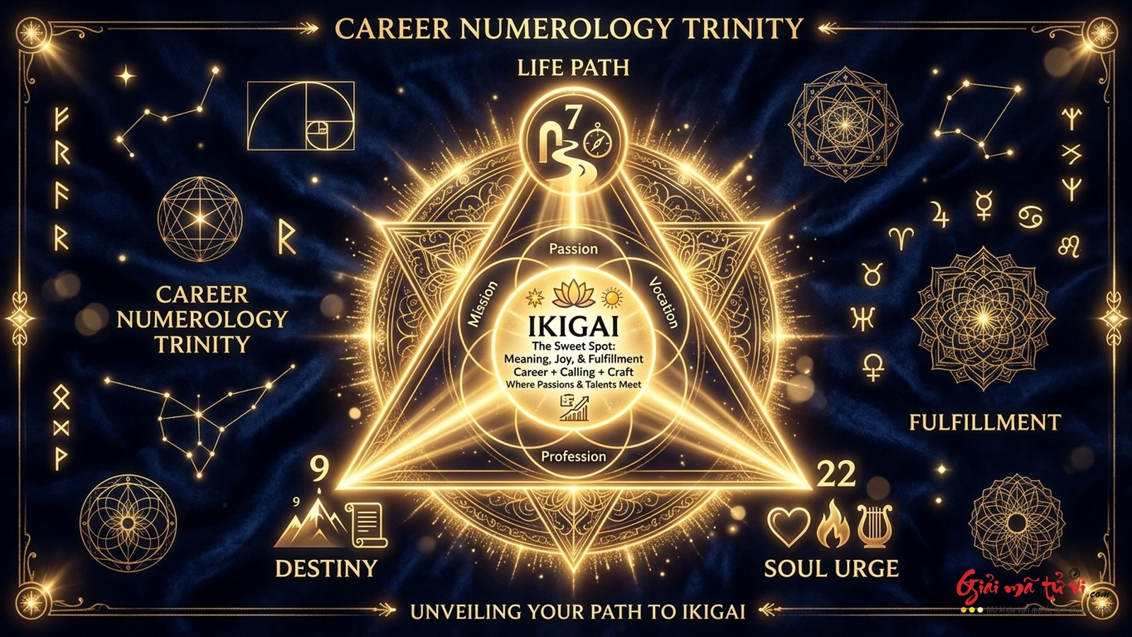 Tam giác Thiên Mệnh Sự Nghiệp Vocational Trinity kết hợp Số Chủ Đạo Sứ Mệnh và Linh Hồn hướng tới Ikigai