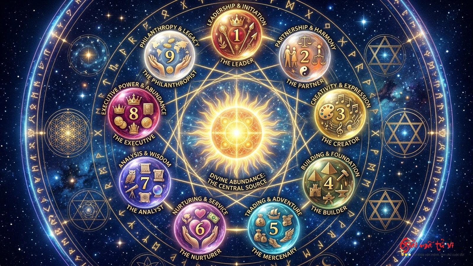 Ma trận 9 kiểu hình năng lượng tiền tệ Money Archetypes từ 1 đến 9 trong thần số học tài chính