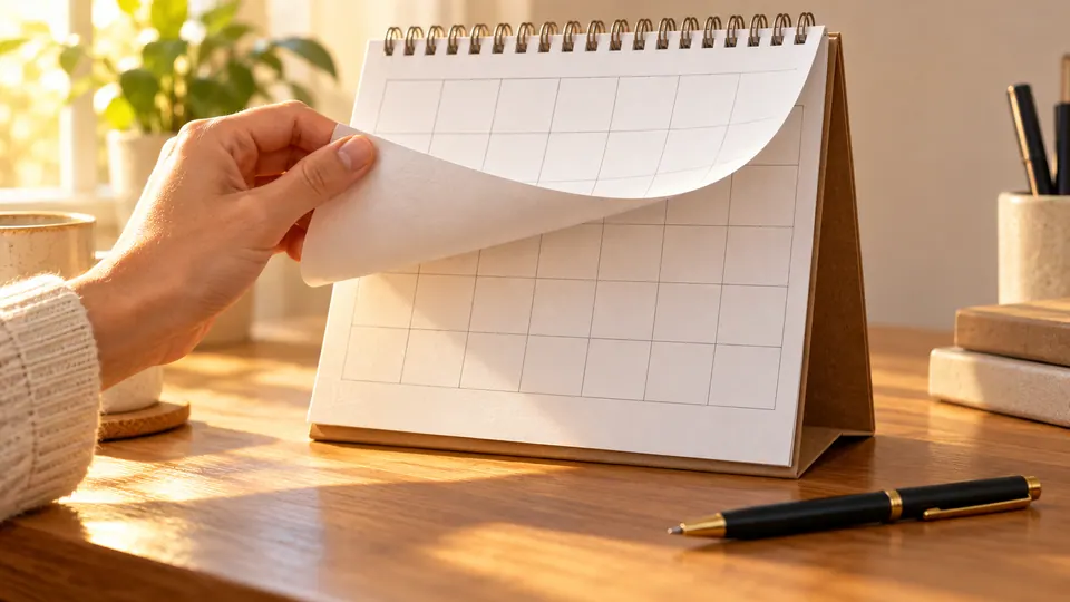 Bàn tay lật một trang lịch để bàn có các ô trống