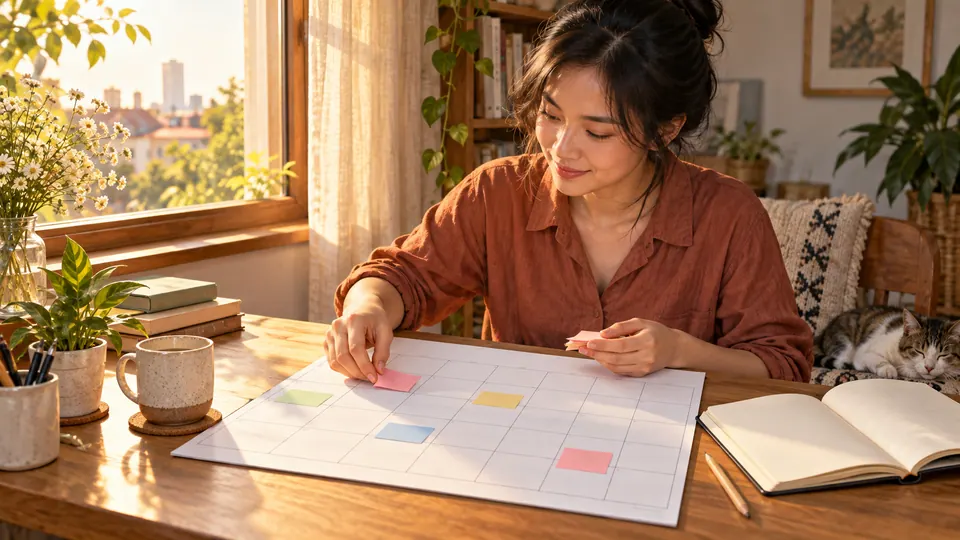 Người phụ nữ đặt giấy ghi chú màu trên tờ lịch ô trống bên cửa sổ