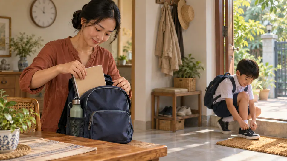 Người mẹ xếp sổ và bình nước vào cặp, cạnh em bé đang buộc giày