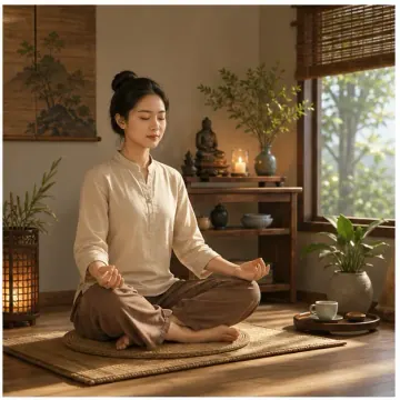 Người phụ nữ ngồi xếp bằng trong phòng có cây, tượng và nến