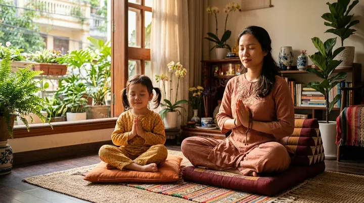 Khoảnh khắc cha mẹ và con cái cùng ngồi tĩnh lặng thực hành chánh niệm nuôi dưỡng sự bình yên trong gia đình