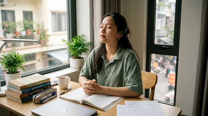 Nữ sinh viên ngồi thư giãn bên bàn học cạnh cửa sổ, hít thở sâu giải tỏa áp lực mùa thi cử