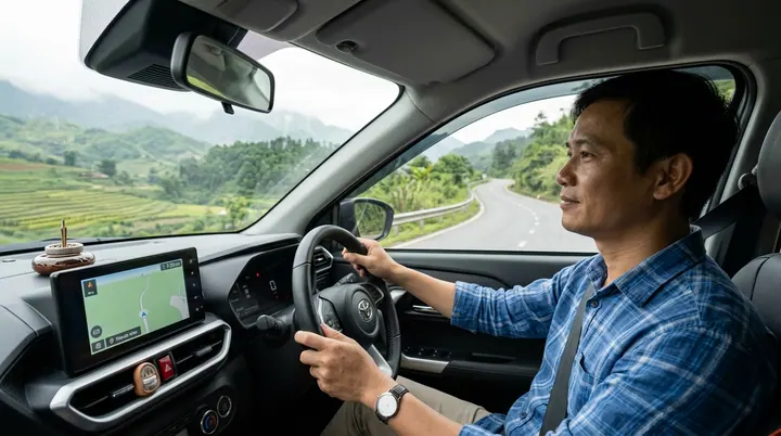 Người đàn ông mặc áo xanh cầm vô lăng trong xe, phía trước là đường uốn qua đồi xanh