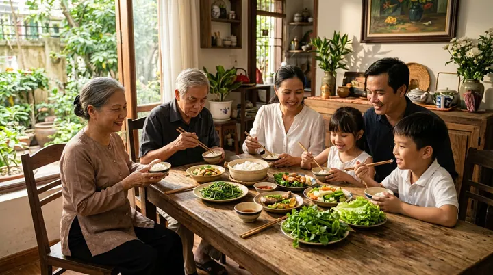 Gia đình nhiều thế hệ ngồi quây quần bên mâm cơm gia đình ấm áp chan hòa ánh sáng ban mai