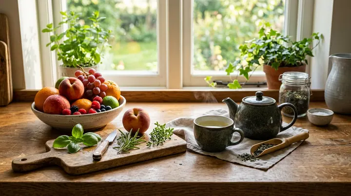 Góc bếp gỗ mộc mạc ngăn nắp với đĩa trái cây tươi, chậu thảo mộc xanh mát và tách trà thơm