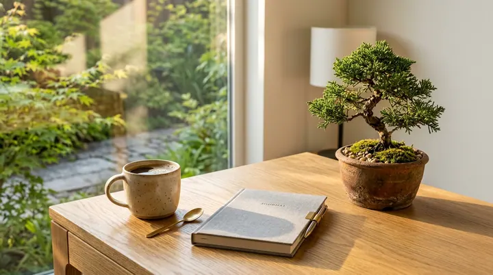 Một góc bàn làm việc văn phòng tối giản tuyệt đẹp với tách cà phê sứ ấm nóng, cuốn sổ tay bìa xám mở sẵn và chậu cây bonsai xanh tươi bên cửa sổ.