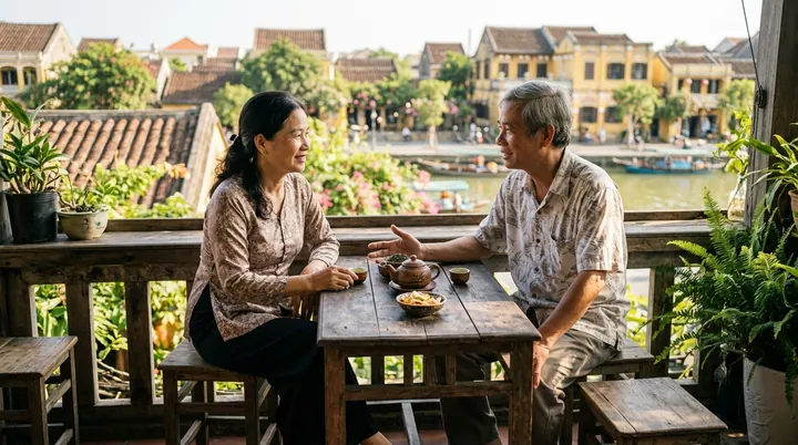 Hai vợ chồng ngồi uống trà ấm trên ban công thoáng mát rợp bóng cây, trò chuyện êm đềm dưới ánh nắng ban mai.