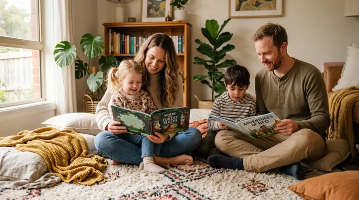 Cha mẹ cùng các con nhỏ ngồi quây quần đọc sách chánh niệm trên thảm trải sàn mềm mại trong phòng khách ấm cúng.