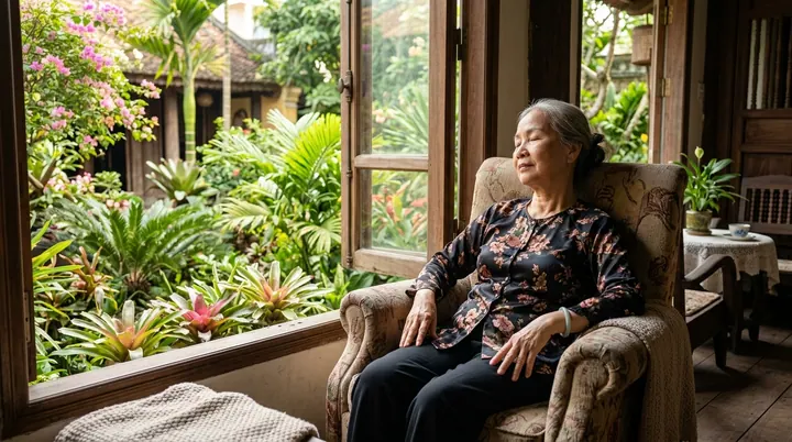 Cụ bà ngồi thư thái trên chiếc ghế tựa êm ái bên cửa sổ sân vườn ngợp hoa lá, hai mắt nhắm nhẹ thở an lành