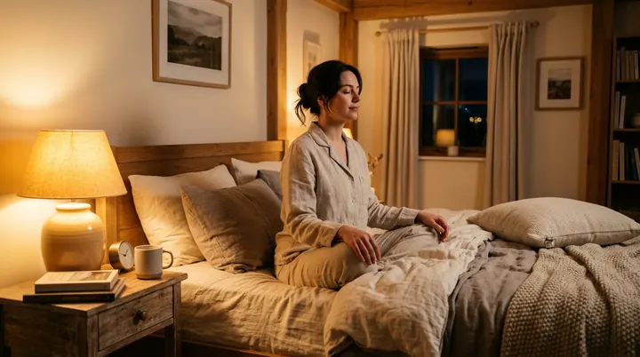 Người phụ nữ mặc đồ ngủ êm ái đang ngồi thiền thả lỏng trên giường bên ánh đèn ngủ vàng ấm dịu nhẹ trước giờ nghỉ ngơi.