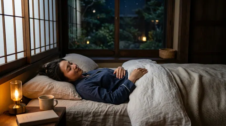 Một người nằm yên bình trên giường ngủ chăn đệm linen mộc mạc, hai tay đặt trên bụng thở đều đặn trong đêm tĩnh lặng.