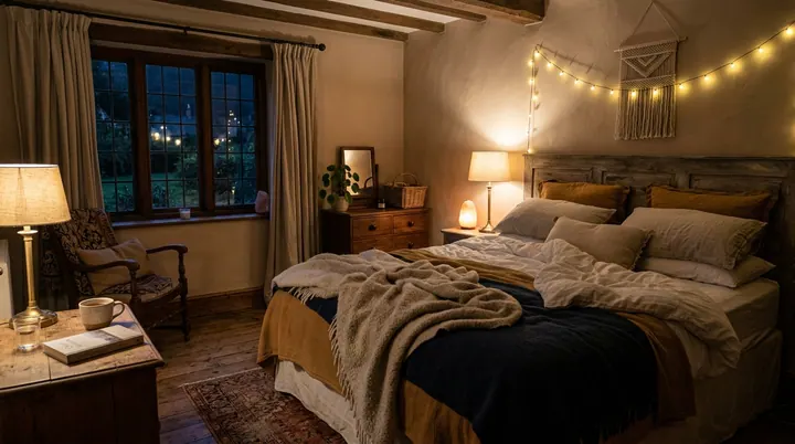Không gian phòng ngủ ấm áp dịu dàng với giường ngủ linen mộc mạc, ánh đèn ngủ vàng dịu chuẩn bị cho một giấc ngủ an lành.