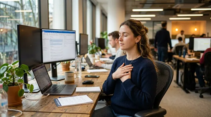 Nhân viên văn phòng tạm dừng công việc bên bàn máy tính, nhắm mắt đặt hai tay lên ngực hít thở chậm để lấy lại bình tĩnh.
