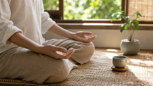Người mặc áo sáng ngồi xếp chân trên chiếu cạnh chén trà và cây bên cửa sổ