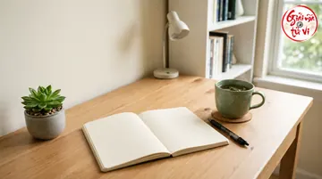 Sổ mở hai trang trống cạnh bút, chén trà xanh và cây nhỏ, logo ở góc trên bên phải