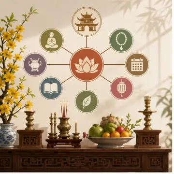 Sơ đồ biểu tượng hoa sen, chùa, chuỗi hạt, lịch và sách phía trên bàn thờ có hoa quả