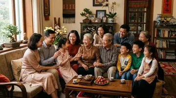 Nhiều người lớn và trẻ nhỏ cùng ngồi trò chuyện trong phòng khách