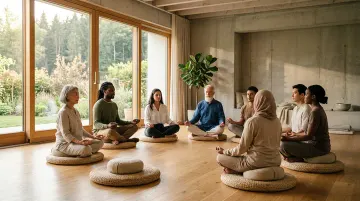 Nhóm người ngồi trên đệm trong phòng sáng có cửa kính nhìn ra cây