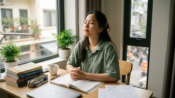 Người ngồi cạnh bàn có sách, sổ mở và chén bên cửa sổ