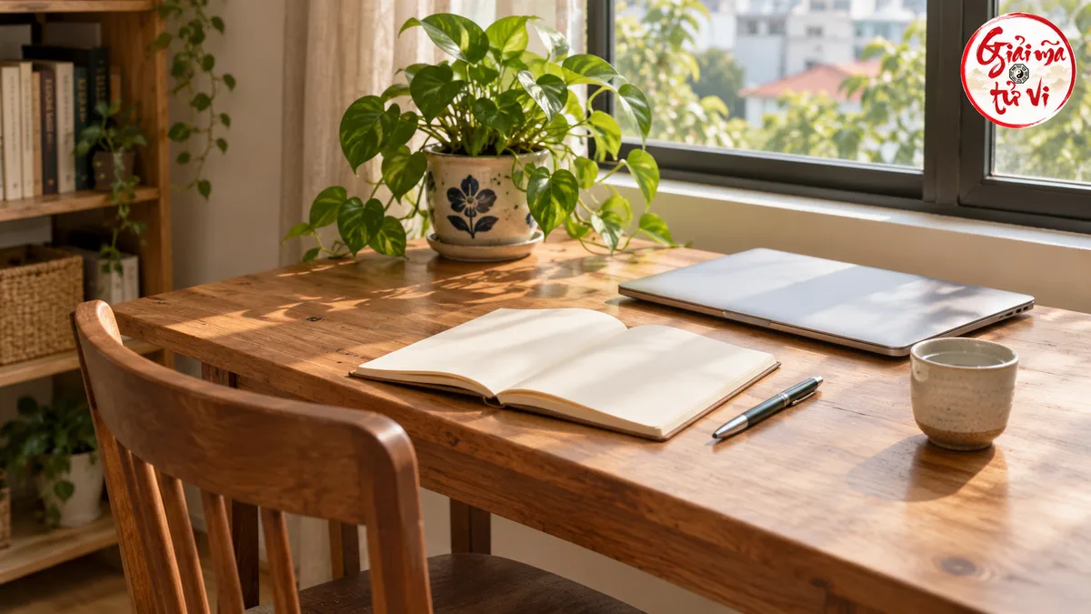 Bàn gỗ có sổ mở trang trắng, bút, máy tính gập và chén nước bên cửa sổ, logo ở góc trên bên phải