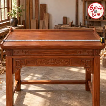 Bàn thờ gỗ với thước dây trải ngang mặt bàn trong xưởng, logo Giải Mã Tử Vi góc trên phải