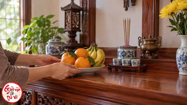 Hai tay đặt đĩa cam và chuối lên mặt gỗ cạnh đồ thờ, hoa vàng và chén