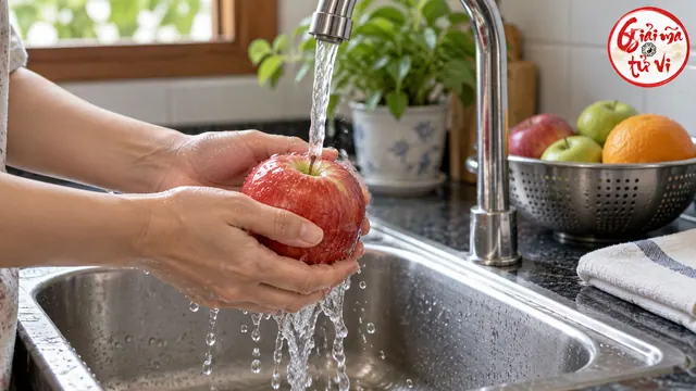Hai tay rửa quả táo dưới vòi nước chảy, cạnh rổ quả và khăn sạch
