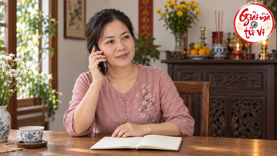 Người phụ nữ gọi điện, trước mặt là sổ mở trên bàn