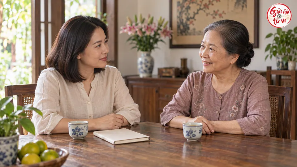 Hai người phụ nữ trò chuyện bên sổ đóng và hai chén trà trên bàn gỗ