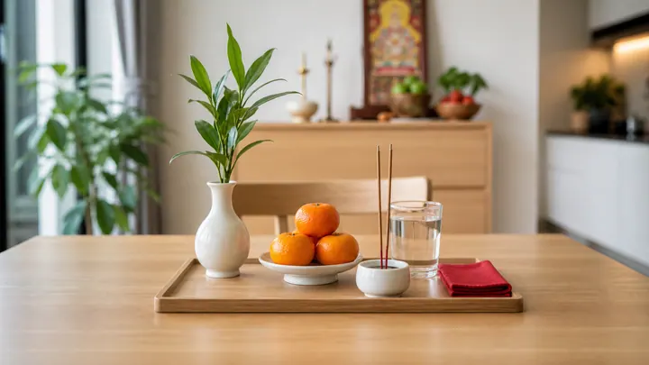 Khay gỗ có ba quả cam, bình cành lá xanh, ly nước, bát đặt hai que hương chưa đốt và khăn đỏ gấp