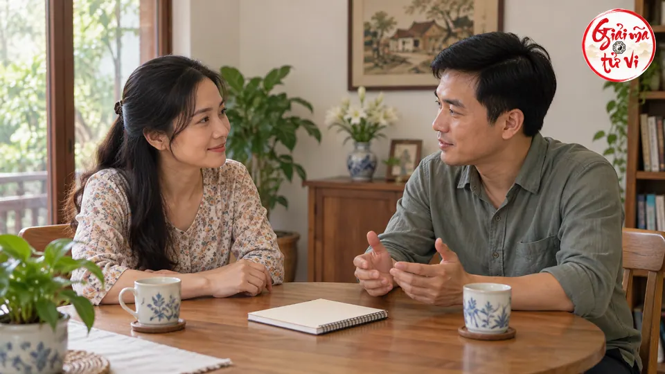 Hai người lớn ngồi đối diện trao đổi cạnh sổ và hai cốc trên bàn