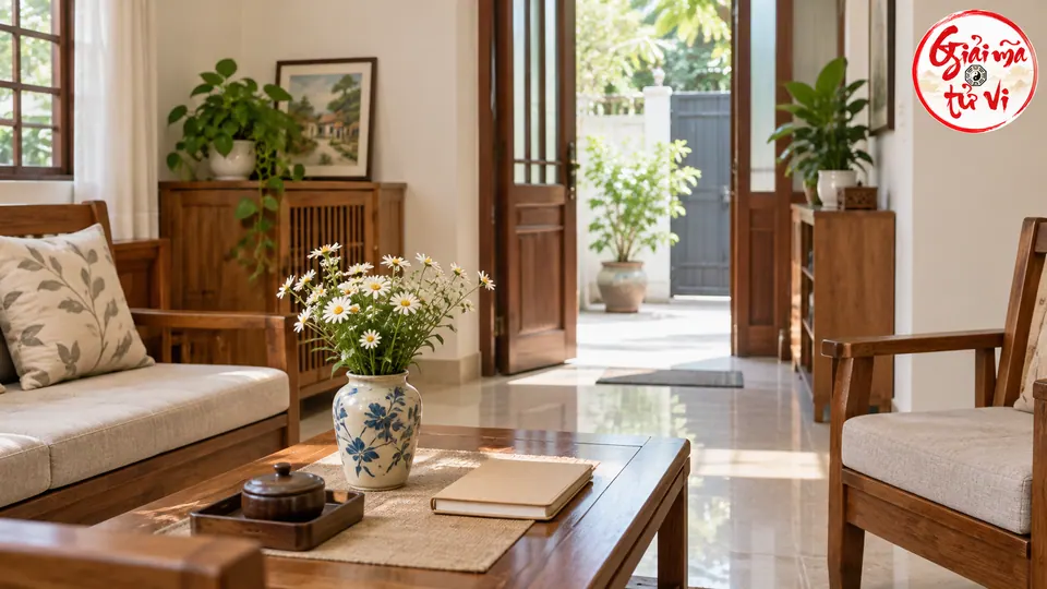 Bàn gỗ có bình hoa và sổ đóng trong phòng sinh hoạt nhìn ra sân