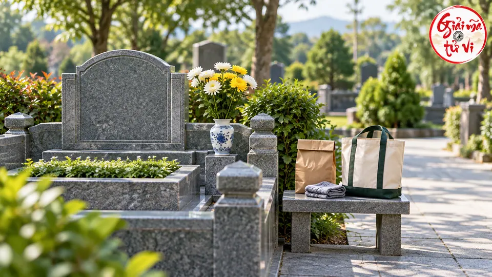 Bình hoa trên gờ đá, túi giấy đóng, khăn và túi vải ở ghế cạnh phần mộ, lối đi để trống